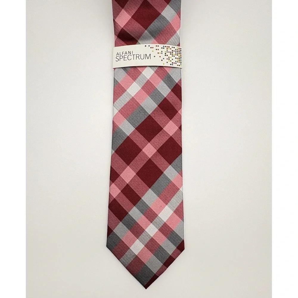 Aflani Spectrum Red & Gray Plaid Pattern Silk Necktie NEW - Picture 3 of 9